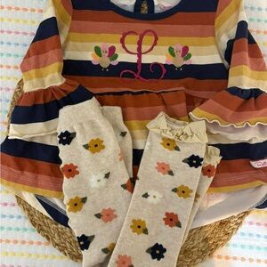 L monogram RuffleButts Rust Mustard Striped Dress with Floral Legging, Turkeys